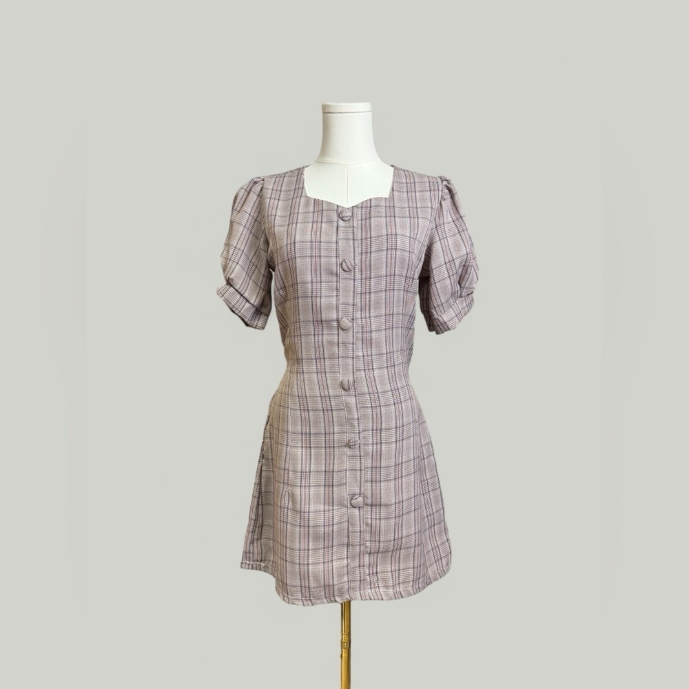 Plaid Dress Women Size Medium Brown Midi Sweetheart Neckline Puff Short Sleeves - Picture 2 of 11